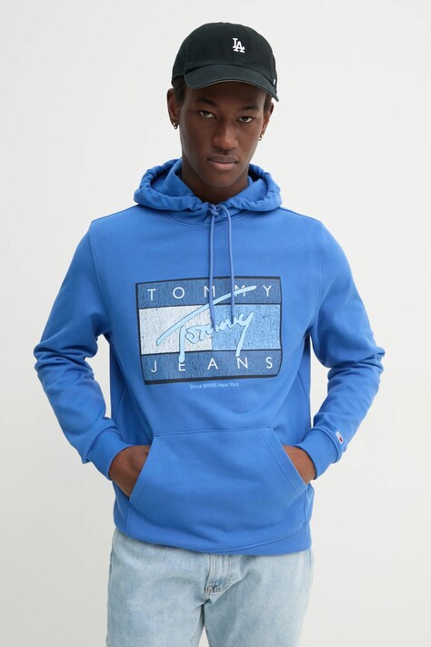 Bavlněná mikina Tommy Jeans pánská, fialová barva, s kapucí, s potiskem, DM0DM21100