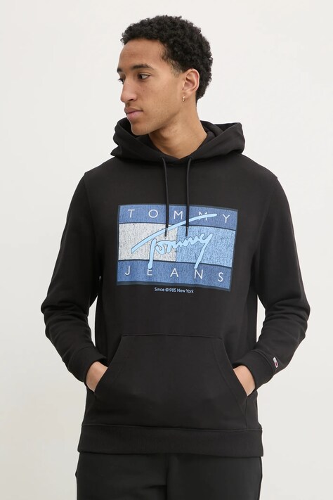 Bavlněná mikina Tommy Jeans pánská, černá barva, s kapucí, s potiskem, DM0DM21100