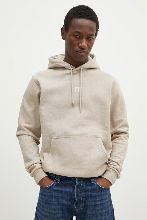 Памучен суичър Les Deux в бежово с качулка с принт LDM202046