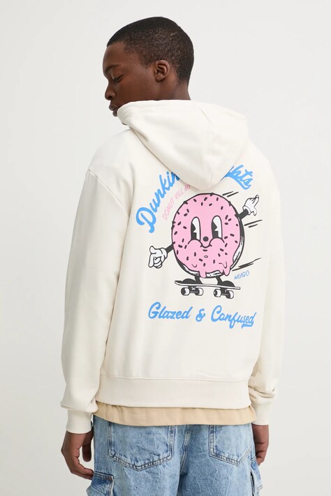 Памучен суичър Hugo Blue в бяло с качулка с принт 50532264