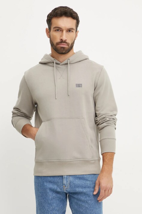 Calvin Klein Jeans hanorac de bumbac barbati, culoarea gri, cu glugă, neted, J30J327113