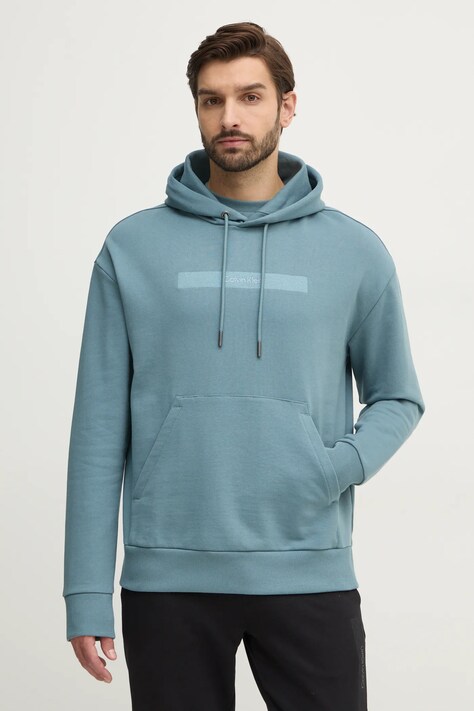Calvin Klein hanorac de bumbac barbati, culoarea verde, cu glugă, cu imprimeu, K10K113768