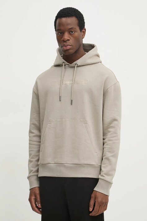 Calvin Klein hanorac de bumbac barbati, culoarea bej, cu glugă, cu imprimeu, K10K113768