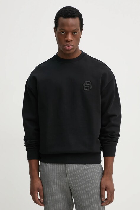 Bavlněná mikina BOSS pánská, černá barva, s aplikací, 50533075