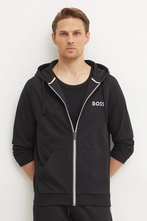 Памучен суичър BOSS в черно с качулка с принт 50535830