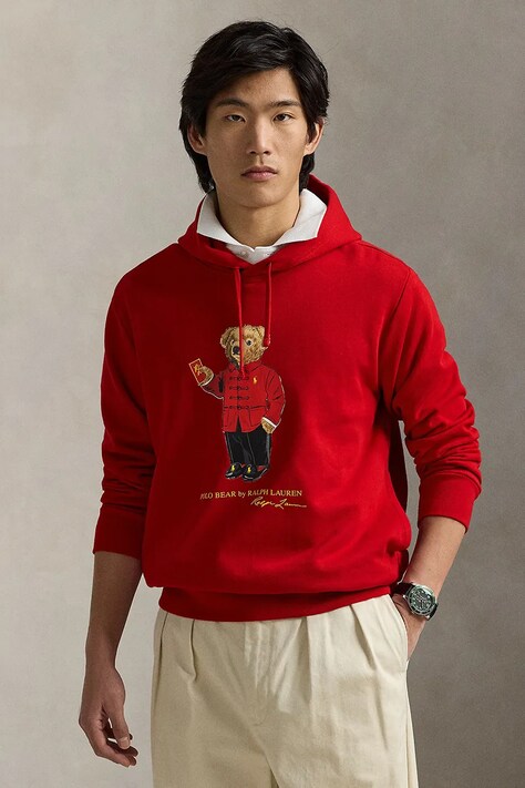 Polo Ralph Lauren hanorac de bumbac barbati, culoarea rosu, cu glugă, cu imprimeu, 710962139