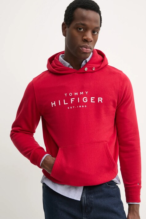 Tommy Hilfiger bluza barbati, culoarea rosu, cu glugă, cu imprimeu, MW0MW37455