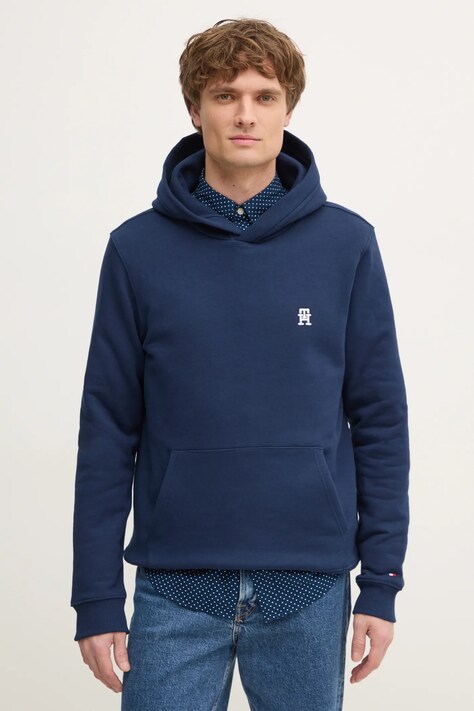 Bavlněná mikina Tommy Hilfiger pánská, tmavomodrá barva, s kapucí, hladká, MW0MW37469