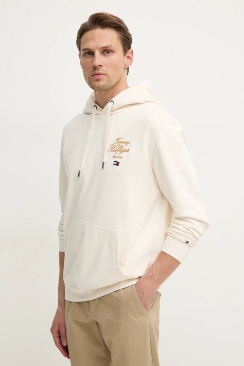 Tommy Hilfiger bluză bărbați, culoarea bej, cu glugă, cu imprimeu, MW0MW37475