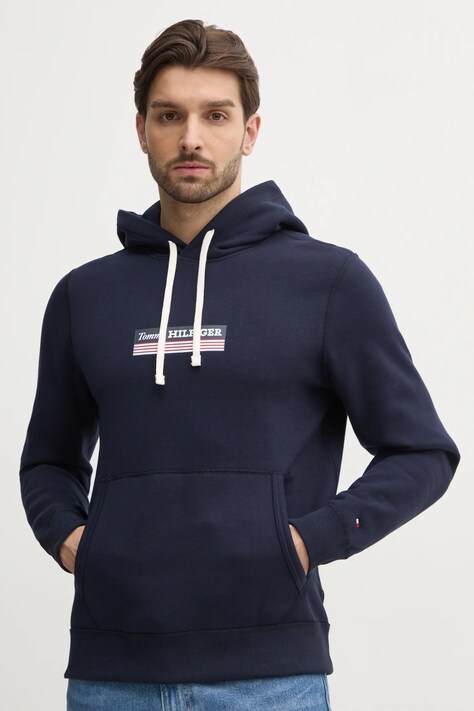 Mikina Tommy Hilfiger pánská, tmavomodrá barva, s kapucí, s potiskem, MW0MW38331