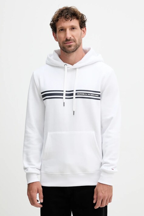 Tommy Hilfiger bluza barbati, culoarea alb, cu glugă, cu imprimeu, MW0MW38332