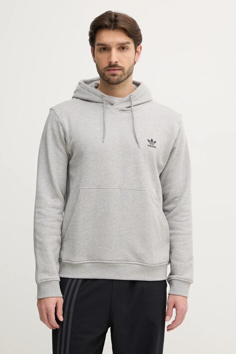 adidas Originals hanorac de bumbac Essential barbati, culoarea gri, cu glugă, neted, JD2405