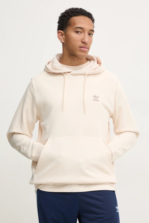 Bavlněná mikina adidas Originals Essential pánská, béžová barva, s kapucí, hladká, JD2408