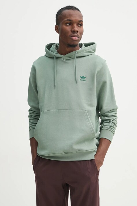 Бавовняна кофта adidas Originals Essential чоловіча колір зелений з капюшоном однотонна JD2410