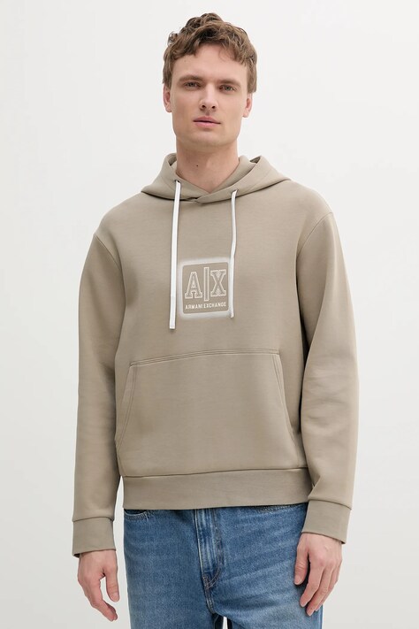 Armani Exchange bluză culoarea bej, cu glugă, cu imprimeu, XM000482 AF10818