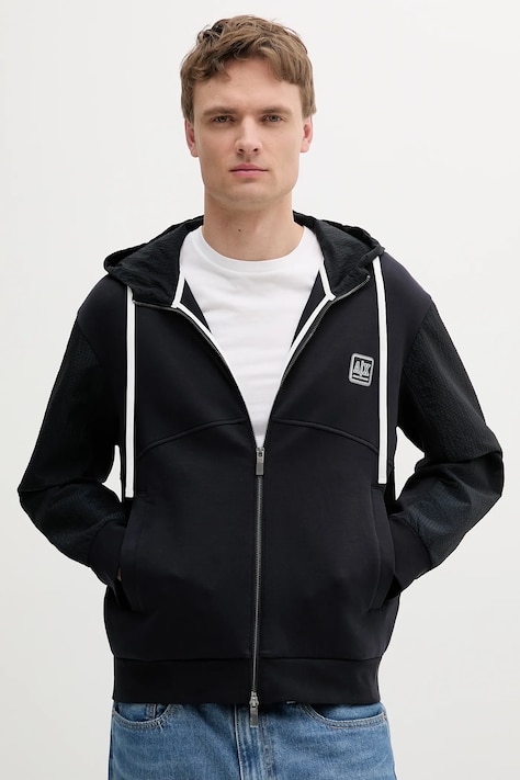 Armani Exchange bluză culoarea bleumain, cu glugă, cu imprimeu, XM000480 AF10818