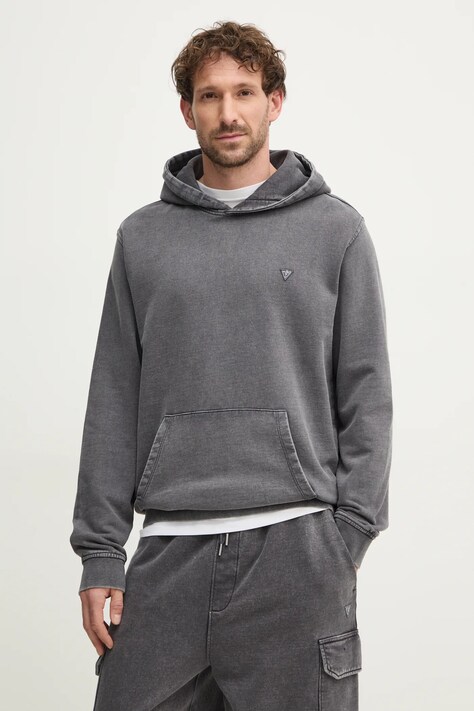 Bavlněná mikina Guess pánská, šedá barva, s kapucí, hladká, M5RQ01 KC2B1