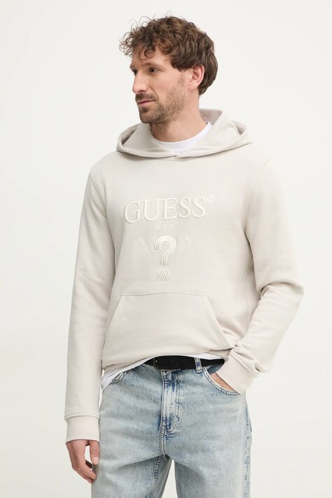 Guess bluza BEAU barbati, culoarea bej, cu glugă, cu imprimeu, M5RQ36 KCN01