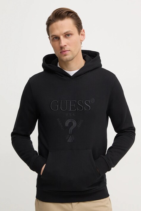 Guess bluza BEAU męska kolor czarny z kapturem z aplikacją M5RQ36 KCN01