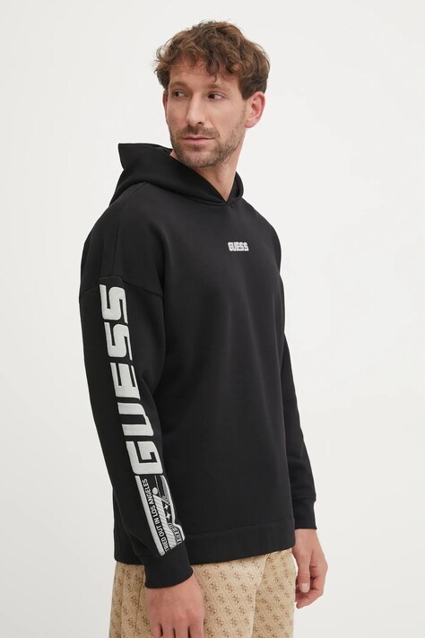 Guess bluza DALIM barbati, culoarea negru, cu glugă, cu imprimeu, Z4BQ03 KAIJ1