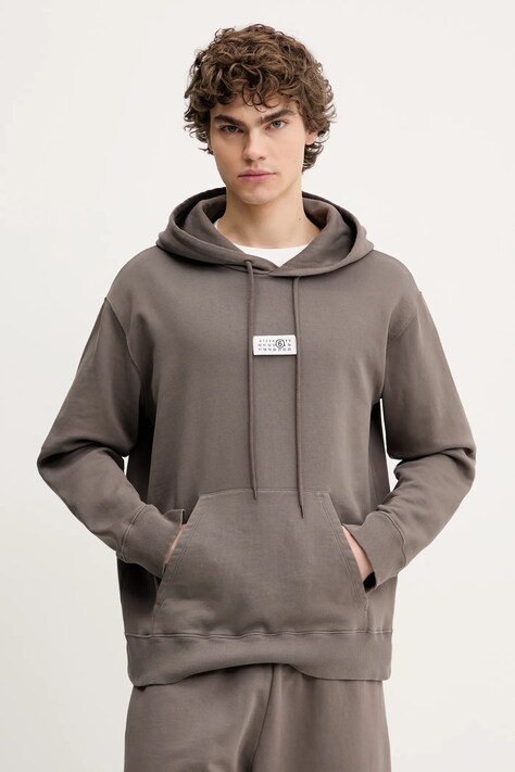 MM6 Maison Margiela hanorac de bumbac barbati, culoarea maro, cu glugă, cu imprimeu, SH0GU0018