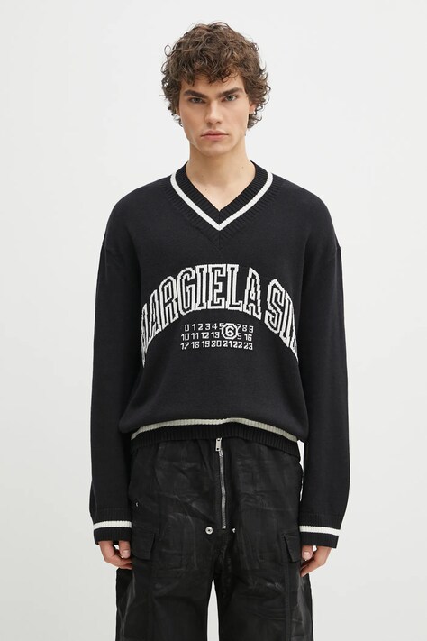Svetr z vlněné směsi MM6 Maison Margiela pánský, černá barva, SH0HN0002