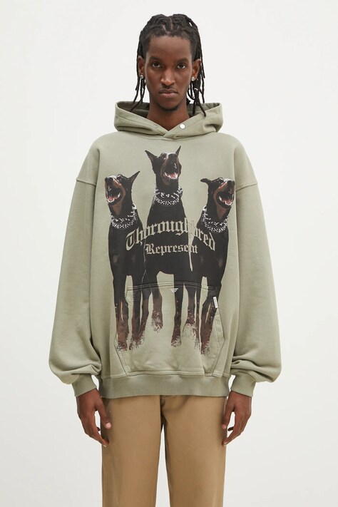 Bavlněná mikina Represent Thoroughbred Hoodie pánská, zelená barva, s kapucí, s potiskem, MLM41134.066