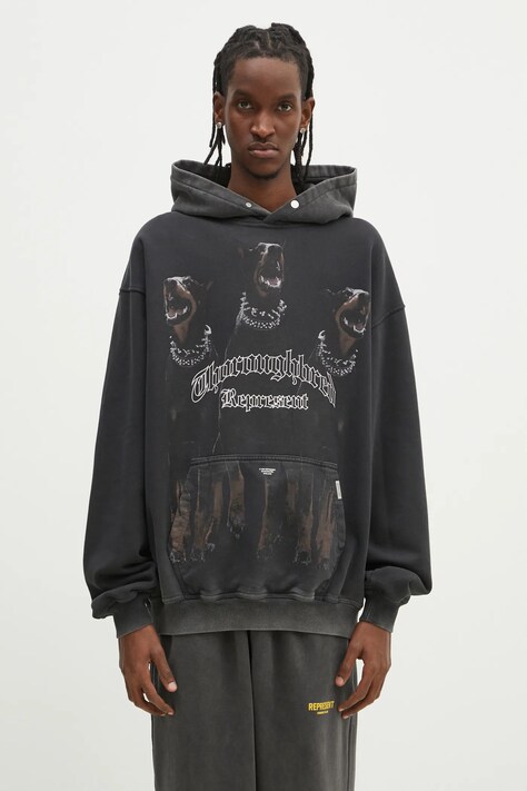 Bavlněná mikina Represent Thoroughbred Hoodie pánská, šedá barva, s kapucí, s potiskem, MLM41134.003