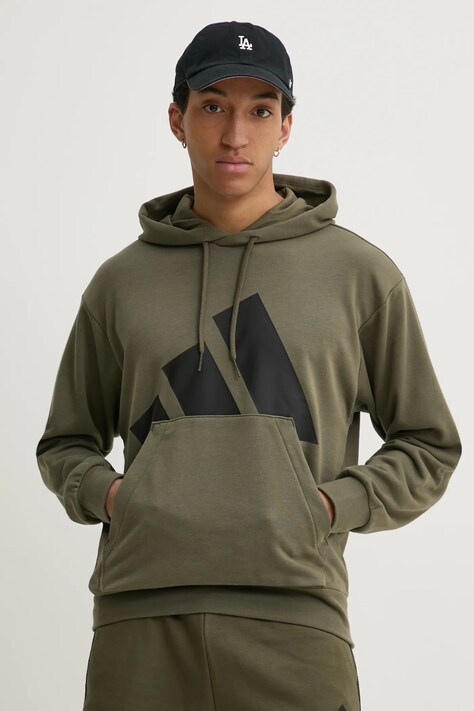 Mikina adidas Essentials pánská, zelená barva, s kapucí, s potiskem, JE8892