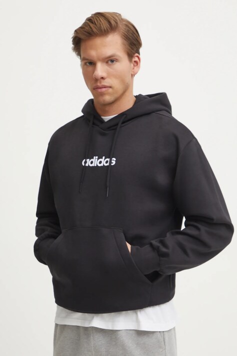 Mikina adidas Essentials Linear pánská, černá barva, s kapucí, s potiskem, JN1759