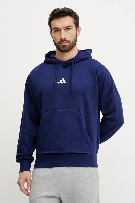 Mikina adidas Feelcozy pánská, tmavomodrá barva, s kapucí, s aplikací, JE3810