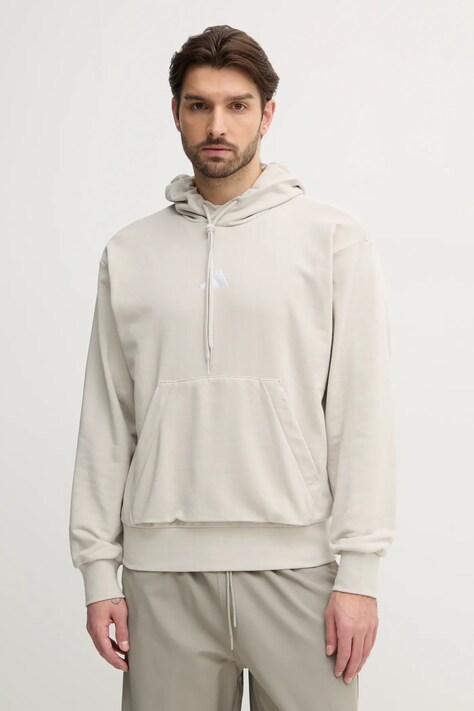 Mikina adidas Feelcozy pánská, béžová barva, s kapucí, hladká, IN6085