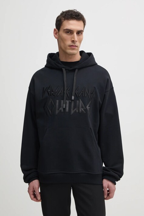 Bavlněná mikina Versace Jeans Couture pánská, černá barva, s kapucí, s aplikací, 78GAIE02 CF00E