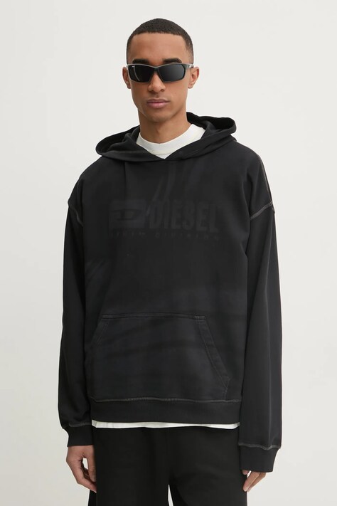 Diesel felső S-BOXT-HOOD-R9 SWEAT-SHIRT fekete, férfi, nyomott mintás, kapucnis, A16429.0LJBT