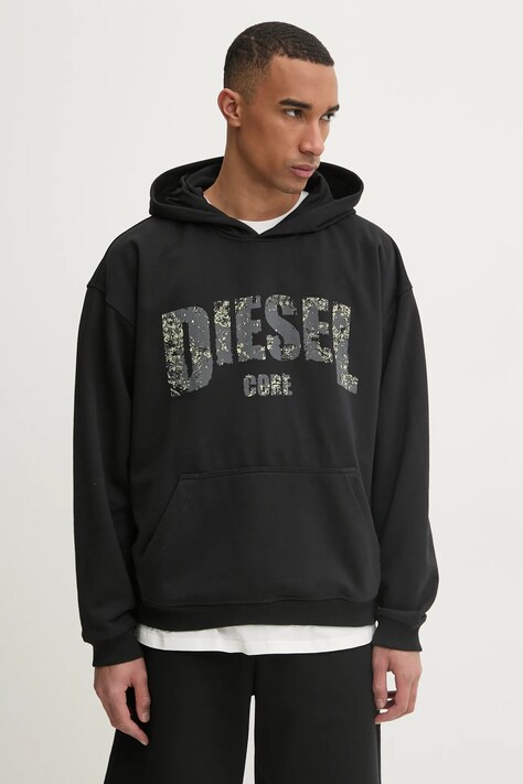 Mikina Diesel S-BOXT-HOOD-R13 SWEAT-SHIRT pánská, černá barva, s kapucí, s potiskem, A17269.0HYAT