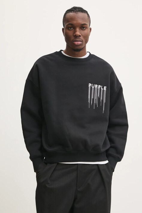 PURPLE BRAND hanorac de bumbac HWT FLEECE CREWNECK bărbați, culoarea negru, cu imprimeu, P402-HBWD125