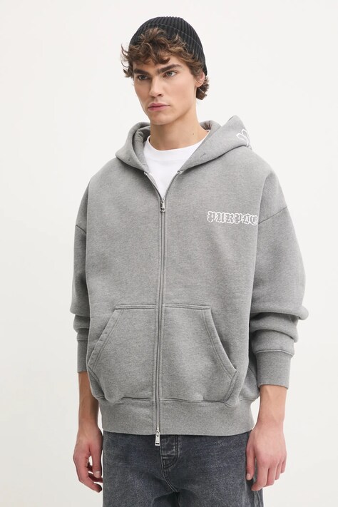 Bavlněná mikina PURPLE BRAND HWT FLEECE ZIP FRONT HOODY pánská, šedá barva, s kapucí, s potiskem, P460-HHGG125