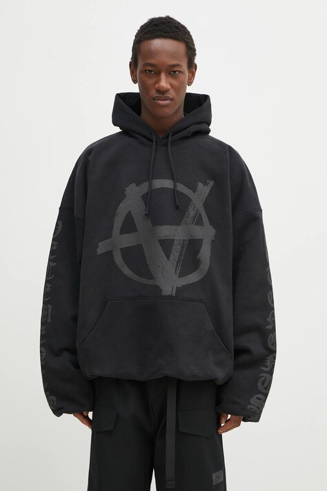 Pamučna dukserica VETEMENTS Double Anarchy Cropped Boxy za muškarce, boja: crna, s kapuljačom, s tiskom, UA66HD630B