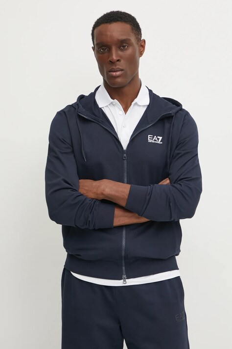 Bavlněná mikina EA7 Emporio Armani pánská, tmavomodrá barva, s kapucí, s potiskem, PJVRZ.8NPM33