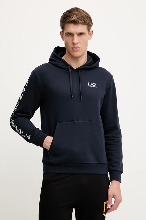 Mikina EA7 Emporio Armani pánská, tmavomodrá barva, s kapucí, hladká, AF10377.7M000570