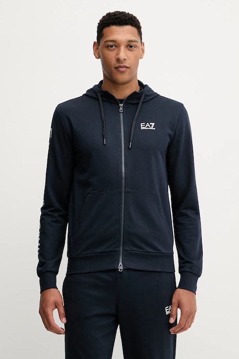 Bavlněná mikina EA7 Emporio Armani pánská, černá barva, s kapucí, s potiskem, AF13512.7M000568