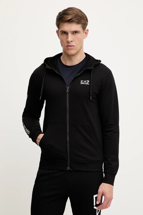 EA7 Emporio Armani hanorac de bumbac culoarea negru, cu glugă, cu imprimeu, AF13512.7M000568
