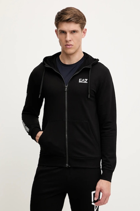 Bavlněná mikina EA7 Emporio Armani pánská, černá barva, s kapucí, s potiskem, AF13512.7M000568