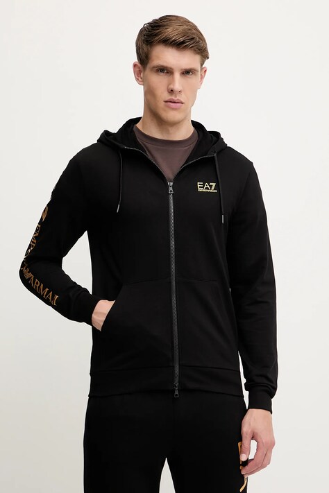 EA7 Emporio Armani hanorac de bumbac culoarea negru, cu glugă, cu imprimeu, AF13512.7M000568