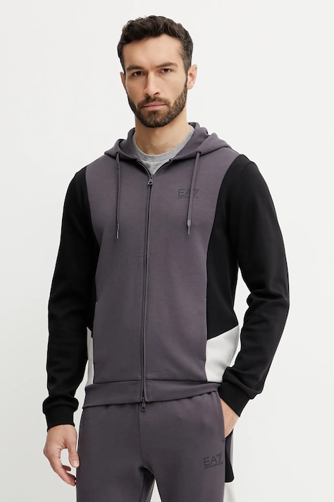 Pulover EA7 Emporio Armani moški, siva barva, s kapuco, AF12660.7M000279