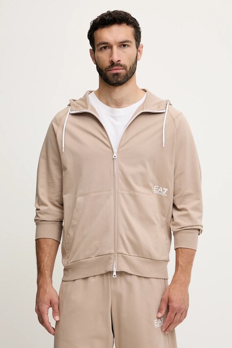 EA7 Emporio Armani hanorac de bumbac culoarea bej, cu glugă, uni, AF12681.7M000203