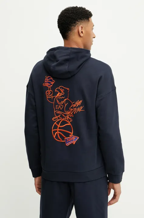 Bavlněná mikina EA7 Emporio Armani pánská, tmavomodrá barva, s kapucí, s potiskem, AF12451.7M000105