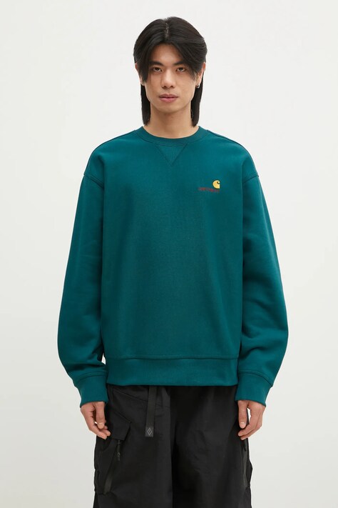 Mikina Carhartt WIP American Script Sweat pánská, tyrkysová barva, s aplikací, I025475.2M1XX