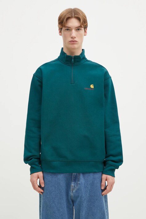 Dukserica Carhartt WIP Half Zip American Script Sweat za muškarce, boja: tirkizna, bez uzorka, I027014.2M1XX