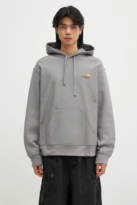 Суичър Carhartt WIP Hooded American Script Sweat в сиво с качулка с апликация I028279.2LRXX